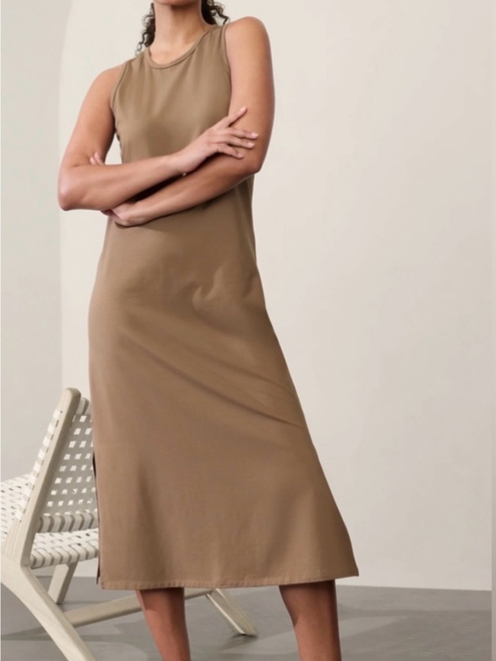 Athleta Sleeveless Midi Dress in Khaki Brown